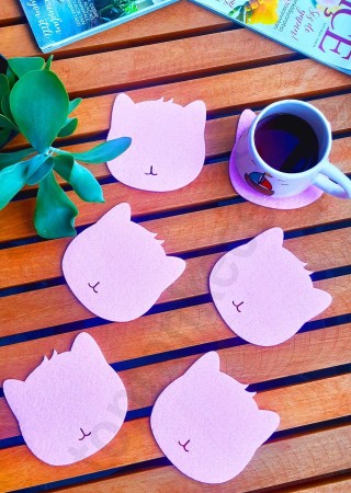 Kedi Temalı Bardak Altlığı Pembe 6'lı Set