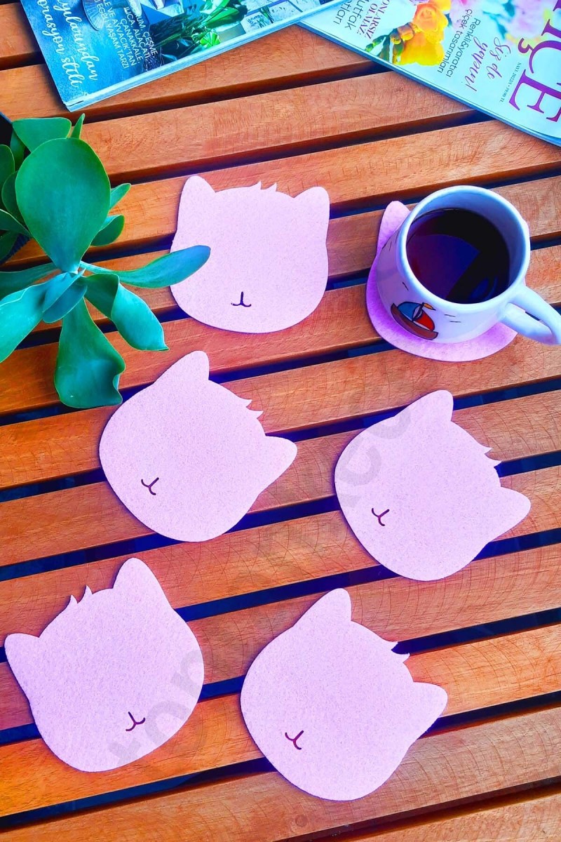 Kedi Temalı Bardak Altlığı Pembe 6'lı Set Kedi Temalı Bardak Altlığı Pembe 6'lı Set