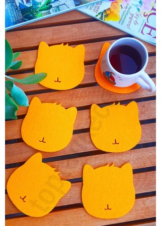 Kedi Temalı Bardak Altlığı Turuncu 6'lı Set