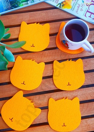 Kedi Temalı Bardak Altlığı Turuncu 6'lı Set
