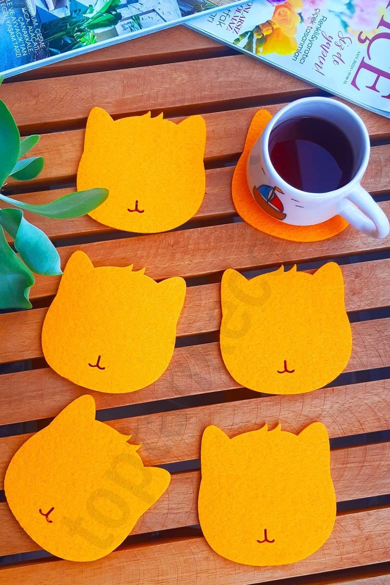 Kedi Temalı Bardak Altlığı Turuncu 6'lı Set Kedi Temalı Bardak Altlığı Turuncu 6'lı Set