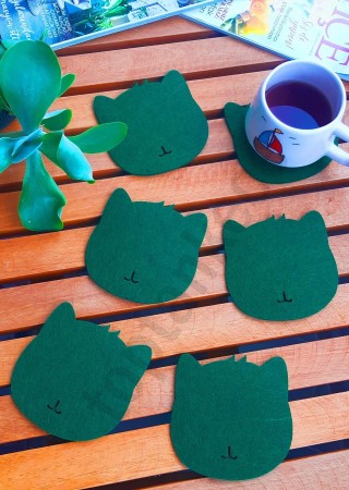 Kedi Temalı Bardak Altlığı Yeşil 6'lı Set