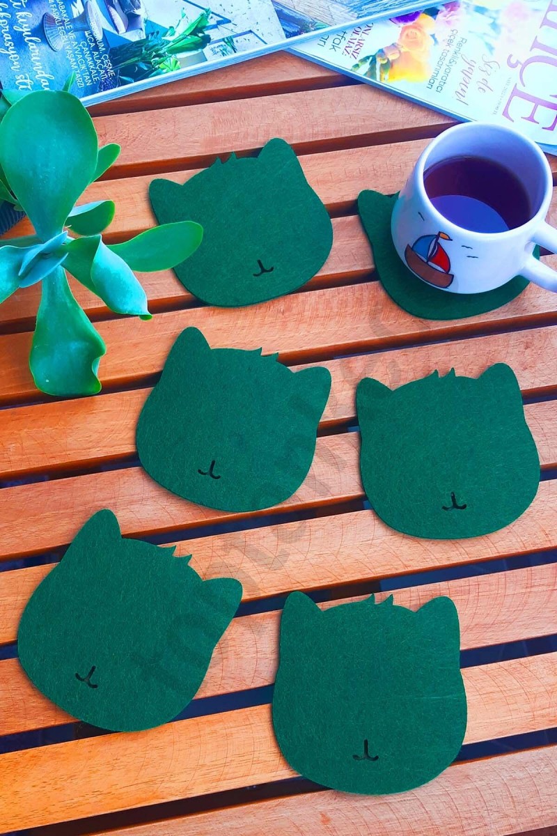 Kedi Temalı Bardak Altlığı Yeşil 6'lı Set Kedi Temalı Bardak Altlığı Yeşil 6'lı Set