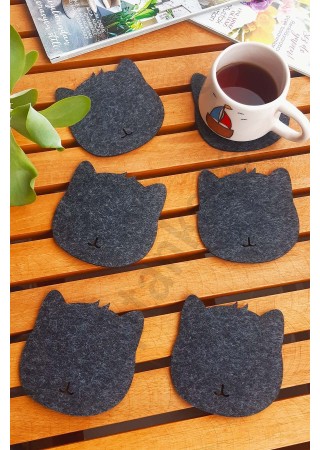 Kedi Temalı Bardak Altlığı Antrasit 6'lı Set
