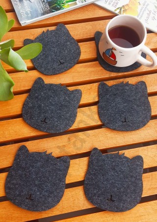Kedi Temalı Bardak Altlığı Antrasit 6'lı Set