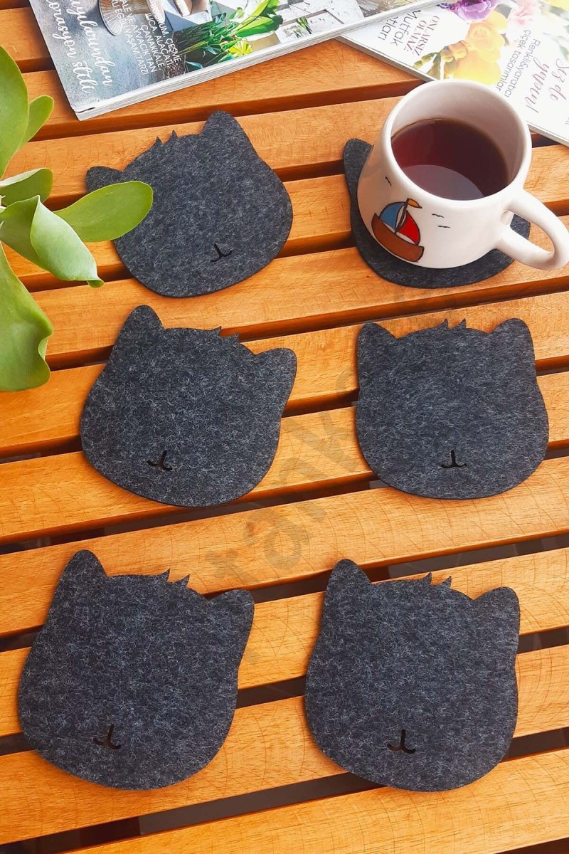 Kedi Temalı Bardak Altlığı Antrasit 6'lı Set Kedi Temalı Bardak Altlığı Antrasit 6'lı Set