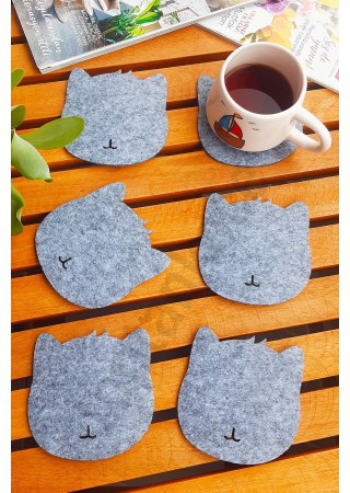 Kedi Temalı Bardak Altlığı Gri 6'lı Set