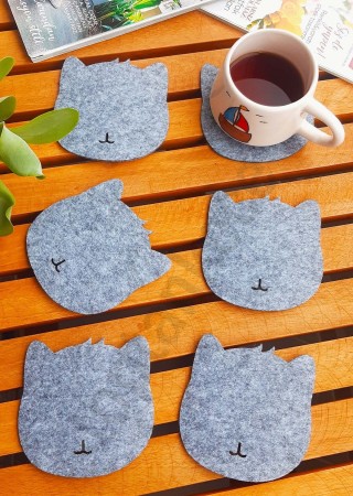 Kedi Temalı Bardak Altlığı Gri 6'lı Set
