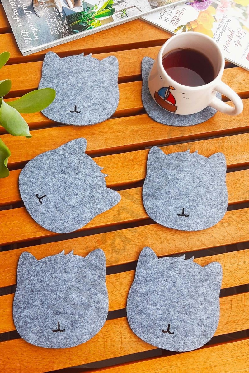 Kedi Temalı Bardak Altlığı Gri 6'lı Set Kedi Temalı Bardak Altlığı Gri 6'lı Set
