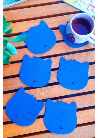 Kedi Temalı Bardak Altlığı Mavi 6'lı Set