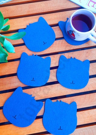 Kedi Temalı Bardak Altlığı Mavi 6'lı Set