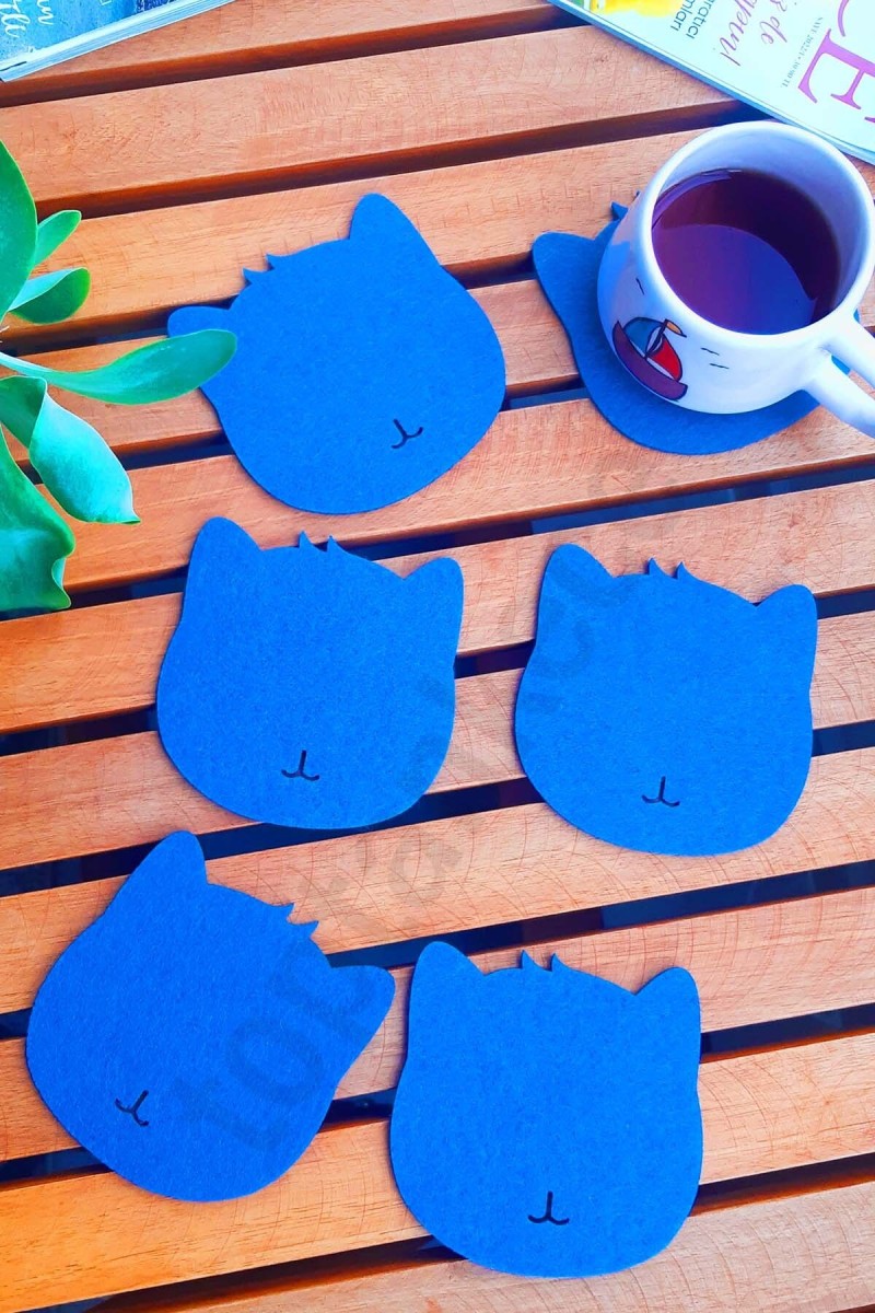 Kedi Temalı Bardak Altlığı Mavi 6'lı Set Kedi Temalı Bardak Altlığı Mavi 6'lı Set