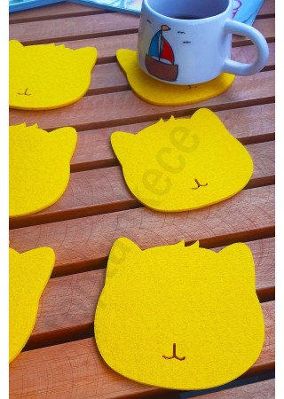 Kedi Temalı Bardak Altlığı Sarı 6'lı Set