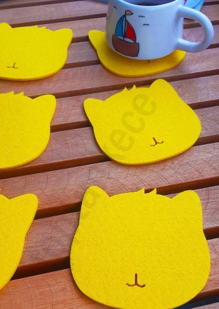 Kedi Temalı Bardak Altlığı Sarı 6'lı Set