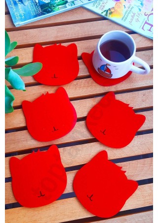 Kedi Temalı Bardak Altlığı Kırmızı 6'lı Set