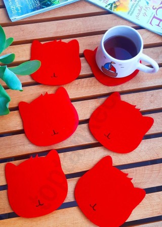 Kedi Temalı Bardak Altlığı Kırmızı 6'lı Set