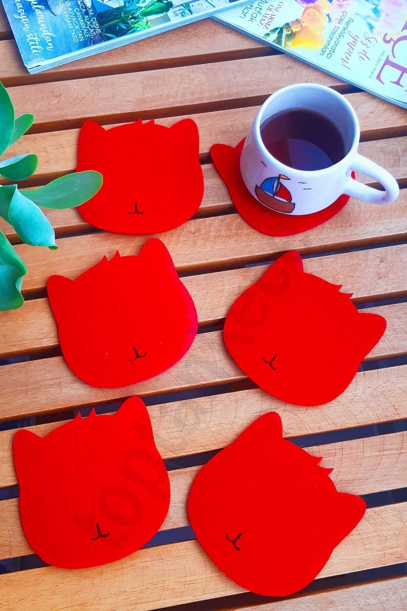 Kedi Temalı Bardak Altlığı Kırmızı 6'lı Set Kedi Temalı Bardak Altlığı Kırmızı 6'lı Set