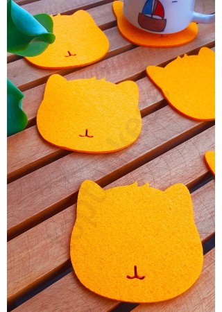 Kedi Temalı Bardak Altlığı Turuncu 6'lı Set