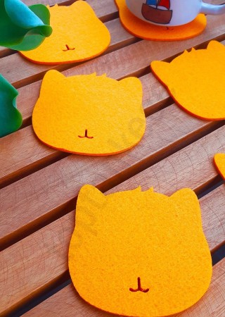 Kedi Temalı Bardak Altlığı Turuncu 6'lı Set