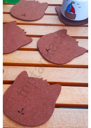 Kedi Temalı Bardak Altlığı Kahverengi 6'lı Set