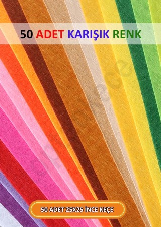 Kaliteli Ince Okul Hobi Keçesi 50 Renk 25x25 Cm Ölçülerinde Hazır Set