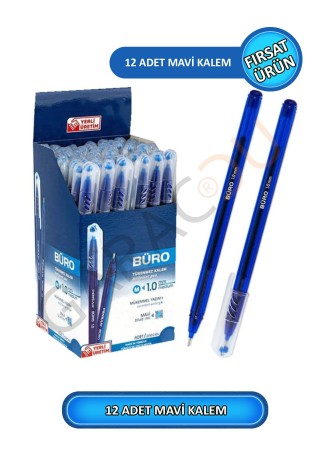 Büro 1.0 mm Kaliteli Mavi Tükenmez Kalem 12 Adet