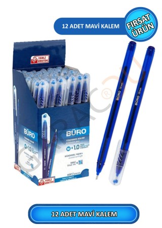 Büro 1.0 mm Kaliteli Mavi Tükenmez Kalem 12 Adet