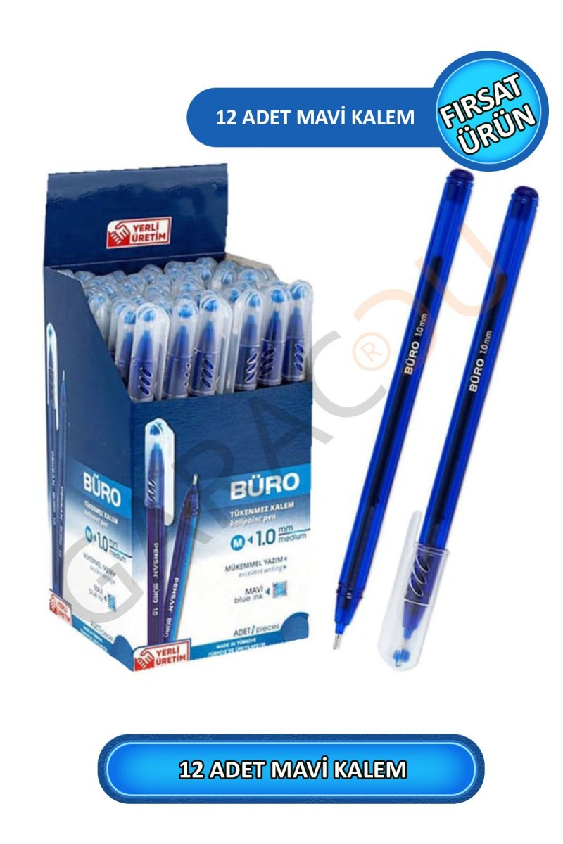 Büro 1.0 mm Kaliteli Mavi Tükenmez Kalem 12 Adet Büro 1.0 mm Kaliteli Mavi Tükenmez Kalem 12 Adet