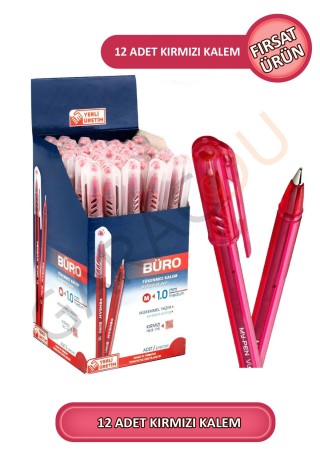 Büro 1.0 mm Kaliteli Kırmızı Tükenmez Kalem 12 Adet