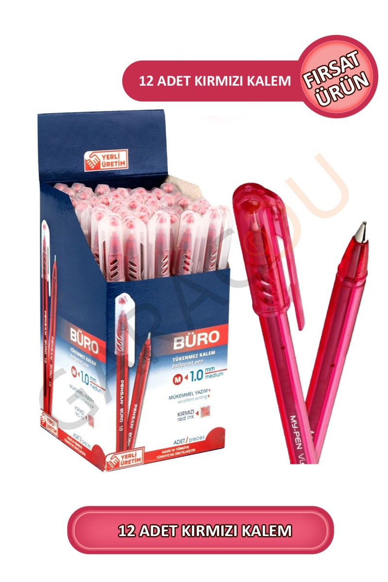 Büro 1.0 mm Kaliteli Kırmızı Tükenmez Kalem 12 Adet Büro 1.0 mm Kaliteli Kırmızı Tükenmez Kalem 12 Adet