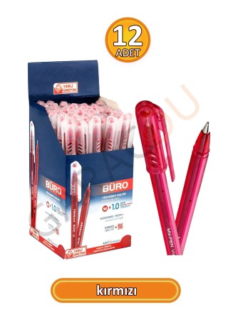 Büro 1.0 mm Kaliteli Kırmızı Tükenmez Kalem 12 Adet