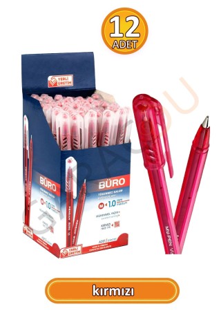 Büro 1.0 mm Kaliteli Kırmızı Tükenmez Kalem 12 Adet