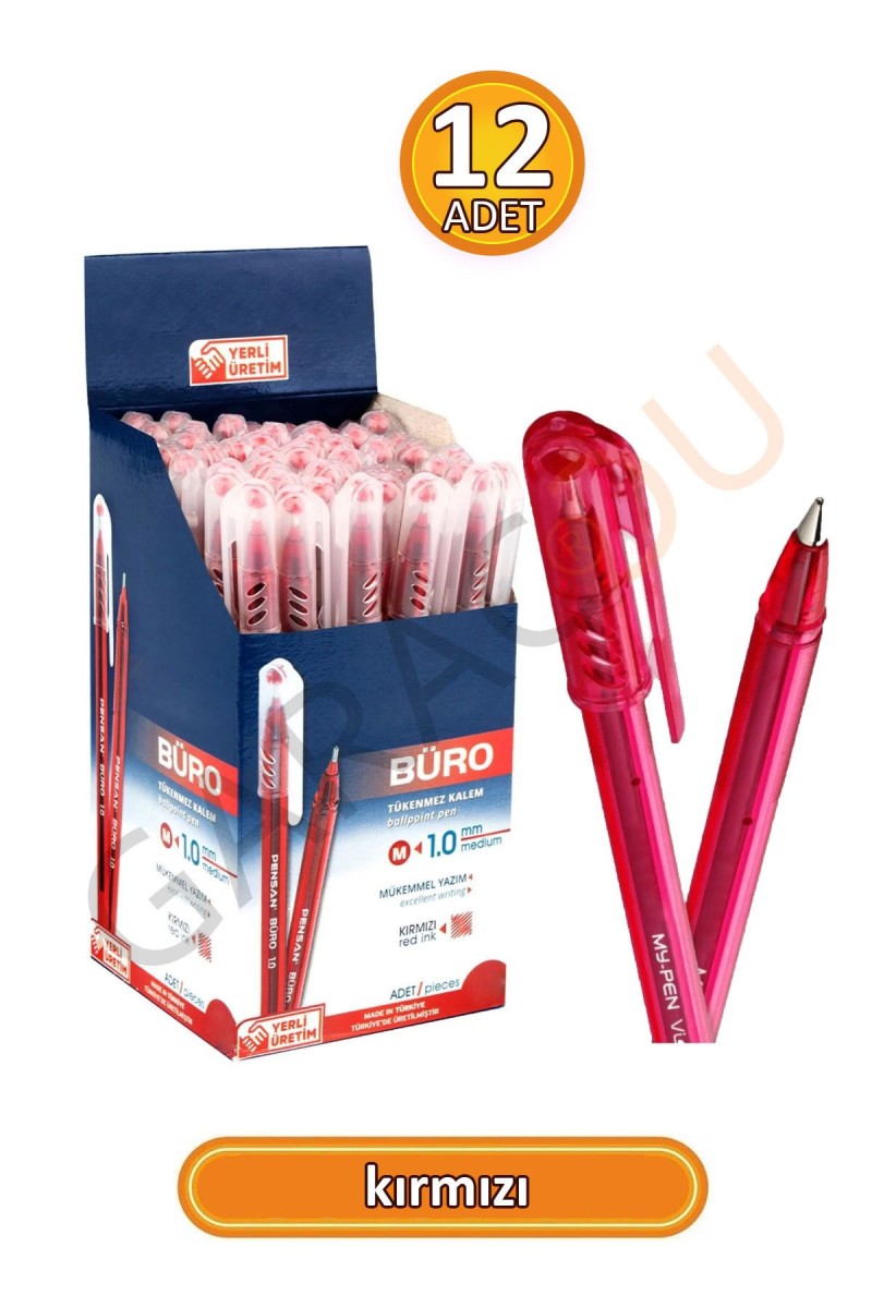 Büro 1.0 mm Kaliteli Kırmızı Tükenmez Kalem 12 Adet Büro 1.0 mm Kaliteli Kırmızı Tükenmez Kalem 12 Adet