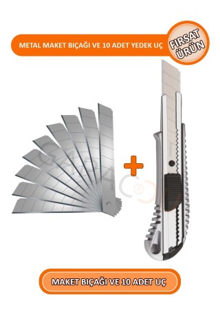 Metal Profesyonel Maket Bıçağı Falçata Ve 10 Adet Yedek Bıçak Büyük Boy - Fırsat Ürün