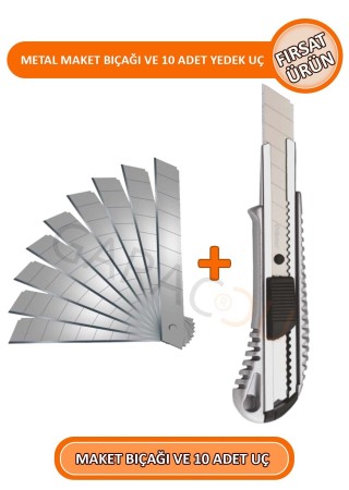 Metal Profesyonel Maket Bıçağı Falçata Ve 10 Adet Yedek Bıçak Büyük Boy - Fırsat Ürün