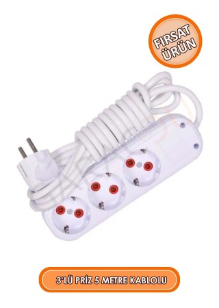 3'lü Topraklı Priz 5 Metre Uzatma Kablolu Seyyar Üçlü Grup Priz, Uçlü Priz 5 Metre