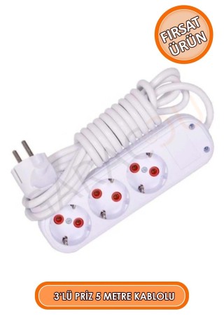 3'lü Topraklı Priz 5 Metre Uzatma Kablolu Seyyar Üçlü Grup Priz, Uçlü Priz 5 Metre