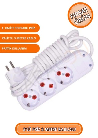 3'lü Topraklı Priz 3 Metre Uzatma Kablolu Seyyar Üçlü Grup Priz, Çoklu Priz, 3 Lü Priz