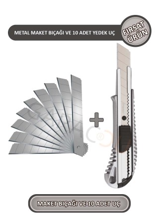 Metal Profesyonel Maket Bıçağı Falçata Ve 10 Adet Yedek Bıçak Büyük Boy - Fırsat Ürün