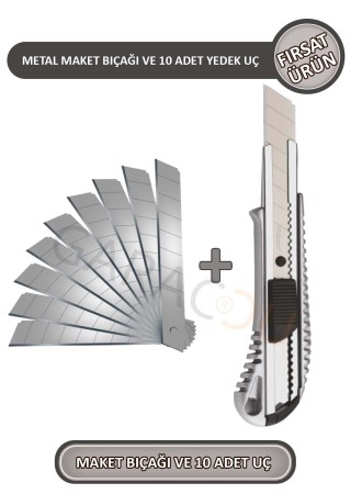 Metal Profesyonel Maket Bıçağı Falçata Ve 10 Adet Yedek Bıçak Büyük Boy - Fırsat Ürün