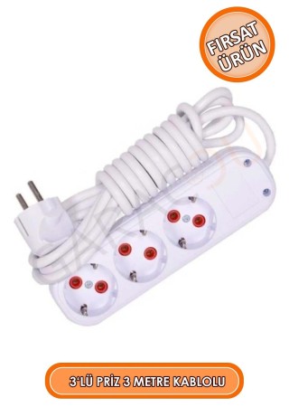 3'lü Topraklı Priz 3 Metre Uzatma Kablolu Seyyar Üçlü Grup Priz, Çoklu Priz, 3 Lü Priz