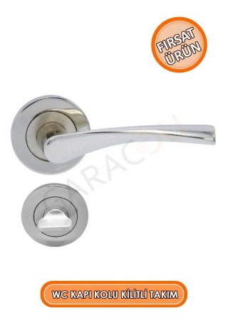 Kaliteli Nikel Rozet Wc Tip Kapı Kolu Kilitli Takım (Ön Arka Set)