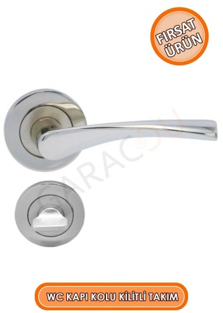 Kaliteli Nikel Rozet Wc Tip Kapı Kolu Kilitli Takım (Ön Arka Set)