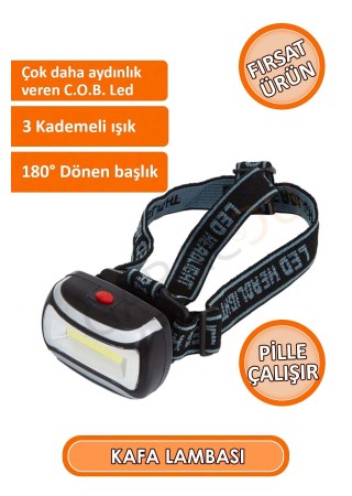 Kaliteli 200 Lümen Led Kafa Lambası, Cob Teknolojili Led, Flaşörlü Kafa Lambası 3 Adet Pil Hediyeli