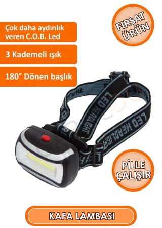 Kaliteli 200 Lümen Led Kafa Lambası, Cob Teknolojili Led, Flaşörlü Kafa Lambası 3 Adet Pil Hediyeli