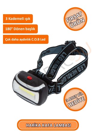 Kaliteli 200 Lümen Led Kafa Lambası, Cob Teknolojili Led, Flaşörlü Kafa Lambası 3 Adet Pil Hediyeli