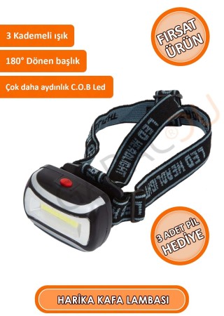 Kaliteli 200 Lümen Led Kafa Lambası, Cob Teknolojili Led, Flaşörlü Kafa Lambası 3 Adet Pil Hediyeli