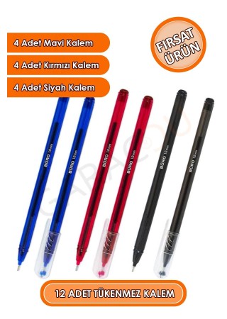 12 Adet Kaliteli Tükenmez Kalemler 4 Mavi Kalem, 4 Kırmızı Kalem, 4 Siyah Kalem Toplam 12 Adet