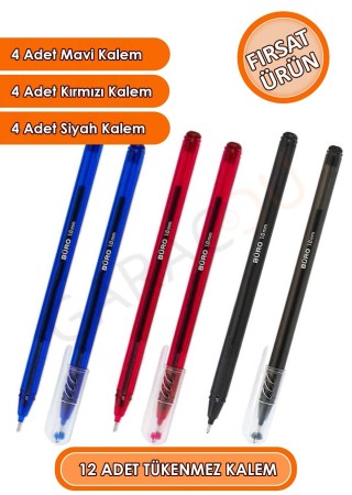 12 Adet Kaliteli Tükenmez Kalemler 4 Mavi Kalem, 4 Kırmızı Kalem, 4 Siyah Kalem Toplam 12 Adet