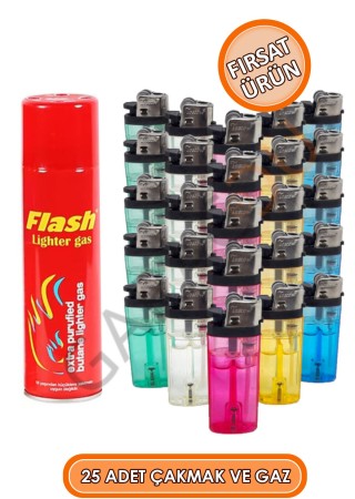25 Adet Şeffaf Taşlı Çakmak, 1 Paket 25 Adet Doldurulabilir Toptan Çakmak - 1 Adet Gaz Hediye